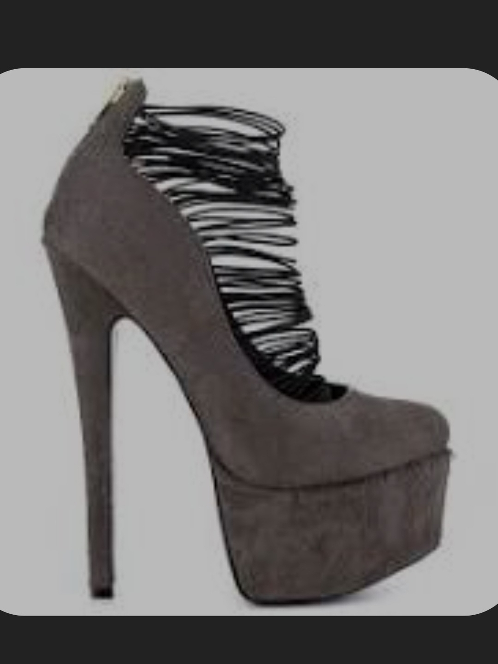London Trash Gray Suede Platform Stiletto with Strappy Cage